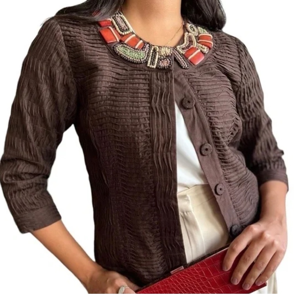 Chico's Brown Pleated Textured Beaded Embellished Collar Jacket
